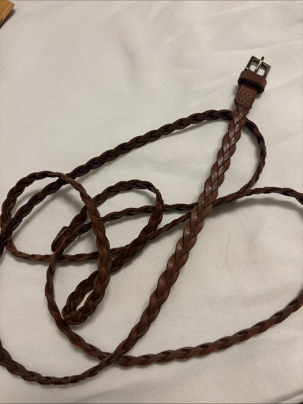 Skinny Double Loop Braided Brown Leather Women’s Belt Boho 90’s 68” long